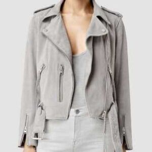 AllSaints Plait Balfern Suede Biker Jacket – Luna Blue – NWT $620 – Size 0